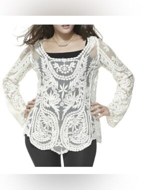 Simply Couture Beige Sheer Long Bell Sleeve Floral Embroidered Top Size S
